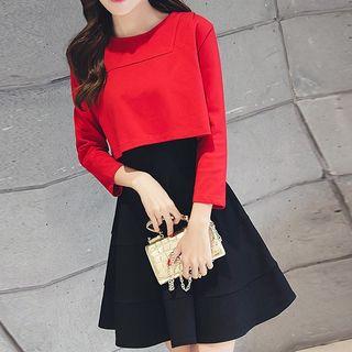Set: Sleeveless A-line Dress + Long Sleeve Cropped Top