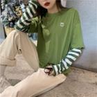 Mock Two-piece Striped Panel Long-sleeve T-shirt Green - One Size