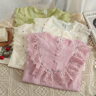 Pearl-accent Lace Ruffle-trim Loose Blouse