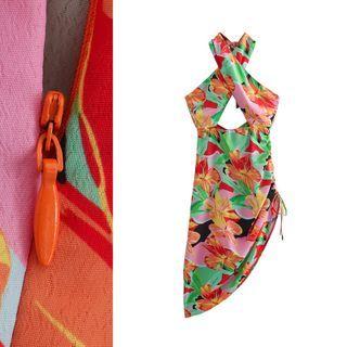 Halter Floral Cutout Asymmetrical A-line Dress