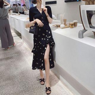 Set Of 2: Short-sleeve Cardigan + Dotted Midi Skirt