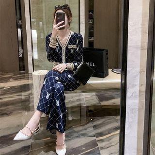Print Cardigan / Wide Leg Pants / Knit Skirt / Set