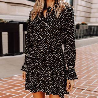 V-neck Long-sleeve Dotted Mini Dress