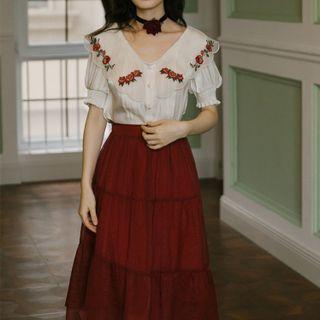 Set: Short-sleeve Floral Embroidered Collar Blouse + Tiered Midi A-line Skirt