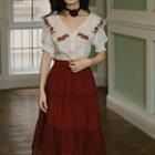 Set: Short-sleeve Floral Embroidered Collar Blouse + Tiered Midi A-line Skirt