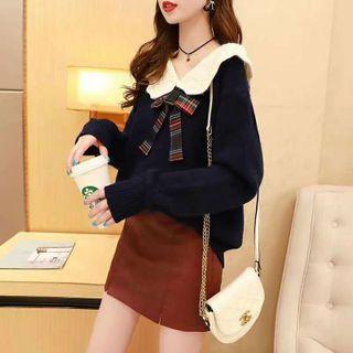 Collared Ribbon Tie-neck Sweater