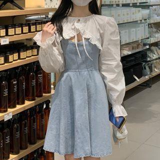 Puff-sleeve Ruffled Crop Blouse / Spaghetti Strap A-line Denim Dress