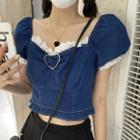 Short-sleeve Lace Trim Denim Cropped Blouse