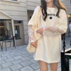 Mock Two-piece Long-sleeve Lettering Lace Panel T-shirt Lettering - White - One Size