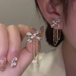 Bow Rhinestone Chain Fringed Earring 1 Pair - Gold - One Size
