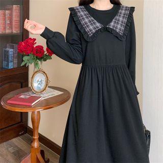 Puff-sleeve Plaid Collar Midi A-line Dress