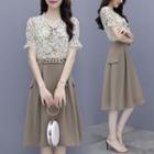 Set: Short-sleeve Tie-neck Floral Print Top + Chained Midi A-line Skirt