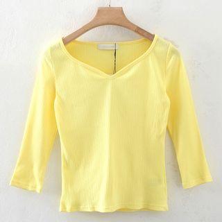 Long-sleeve V-neck Plain Top Yellow - M