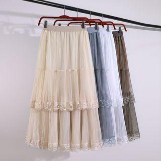 Lace Trim Layered A-line Midi Mesh Skirt