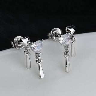 Asymmetrical Cz Heart Stud Earring 1 Pair - Silver - One Size