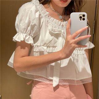 Off-shoulder Ruffle Trim Blouse / Pleated A-line Skirt