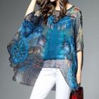 Set: Printed Elbow-sleeve Blouse + Camisole Top