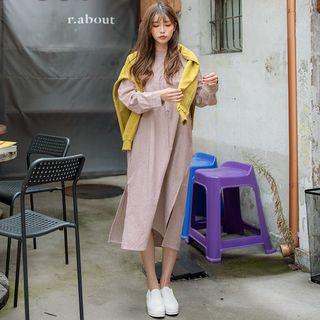 Mandarin-collar Dual-pocket Long Stripe Shirtdress
