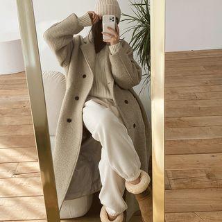 Double-breasted Wool Blend Long Coat Beige - One Size