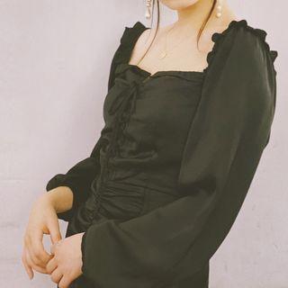 Black Satin Drawstring Dress