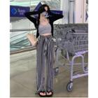 Cropped Camisole Top / Cardigan / Striped Wide Leg Pants