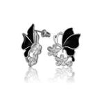 Elegant Fashion Black Butterfly Flower Stud Earrings With Cubic Zircon Silver - One Size