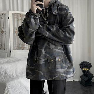 Half-zip Hooded Camo Print Jacket
