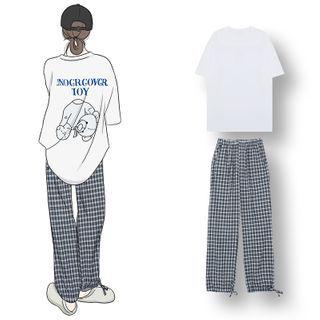 Short-sleeve Graphic Print T-shirt / Plaid Wide-leg Pants