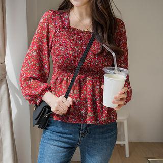 Smocked-panel Floral Print Top