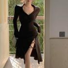 Long-sleeve Slit Midi Dress Black - One Size