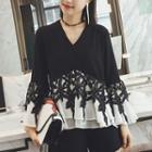 Crochet Trim Color Panel Long Sleeve Chiffon Top