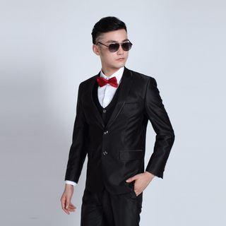 Suit Set: Buttoned Blazer + Straight-cut Dress Pants + Bow Tie