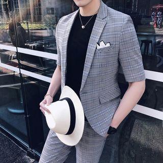 Set: Plaid Elbow-sleeve Blazer + Plaid Dress Pants