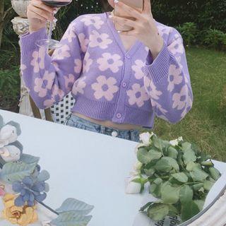 Purple Floral Knit Cropped Cardigan