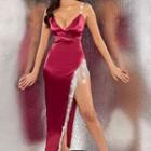 Spaghetti Strap Rhinestone Fringed Slit Maxi Sheath Dress
