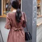 Long-sleeve Tie-waist Check Midi Dress