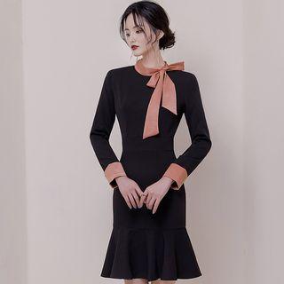 Color Block Ruffle Hem Long-sleeve Sheath Dress