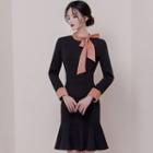 Color Block Ruffle Hem Long-sleeve Sheath Dress