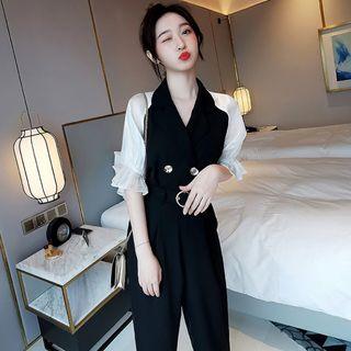 Set: Elbow-sleeve Frill Trim Paneled Double Breasted Top + Cropped Dress Pants