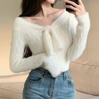 Off-shoulder Tie-neck Knit Top