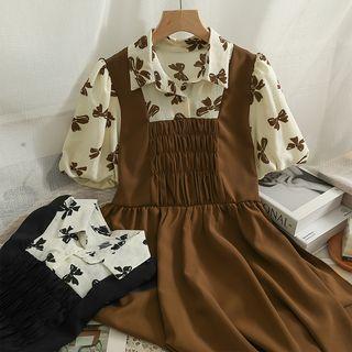 Puff-sleeve Mock Two-piece Midi Shirtdress