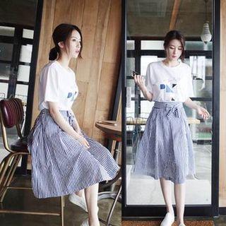 Set Of Two: Short-sleeve Printed T-shirt + Tie-waist Striped Sheath Dress