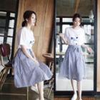 Set Of Two: Short-sleeve Printed T-shirt + Tie-waist Striped Sheath Dress