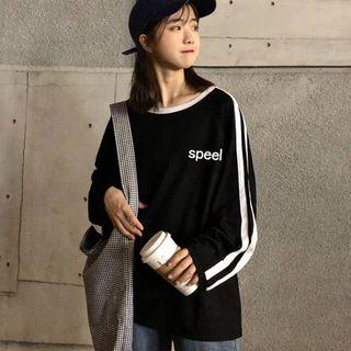 Contrast Trim Lettering Pullover / Mock Turtleneck Striped Long-sleeve Top