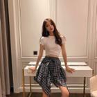 Short-sleeve Cropped T-shirt / Plaid Asymmetrical Mini Skirt