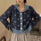 Collared Floral Print Cardigan Blue - One Size