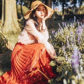 Set: Collared Long-sleeve Top + Lace Trim Camisole Top + High Waist Midi Skirt