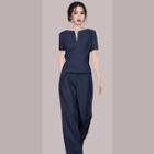 Set: Short-sleeve Plain Blouse + Wide Leg Pants