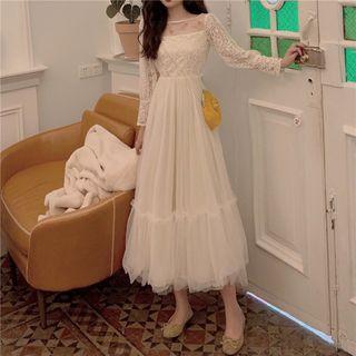 Long-sleeve Paneled Midi A-line Mesh Dress / Furry Coat