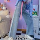 Heart Pattern Embroidered Wide-leg Jeans